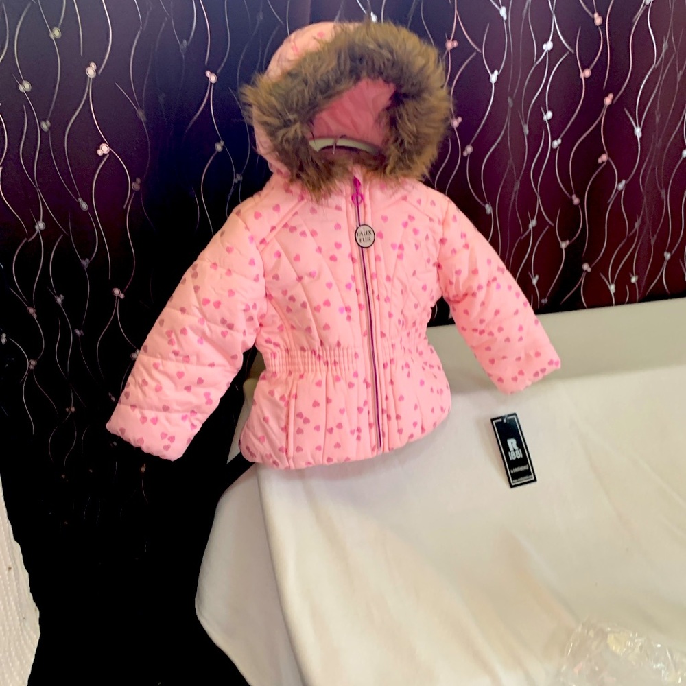 Rothschilds Cozy Pink Heart Kids Jacket with Faux Fur Trim